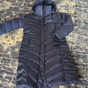 Lands' End Navy Blue Quilted Long Puffer Jacket with Hood